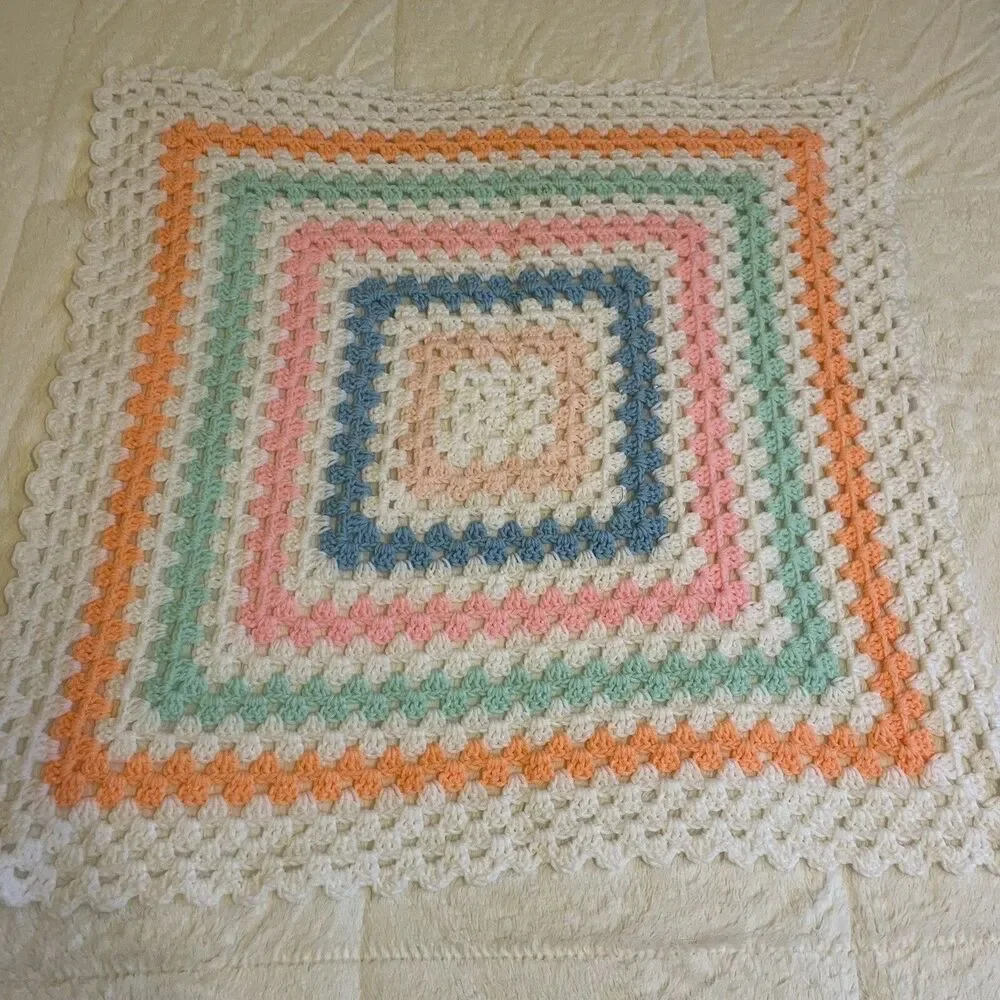 Afghan Blanket Knit Handmade Crochet Baby Throw Vintage 32” x 32” Unused